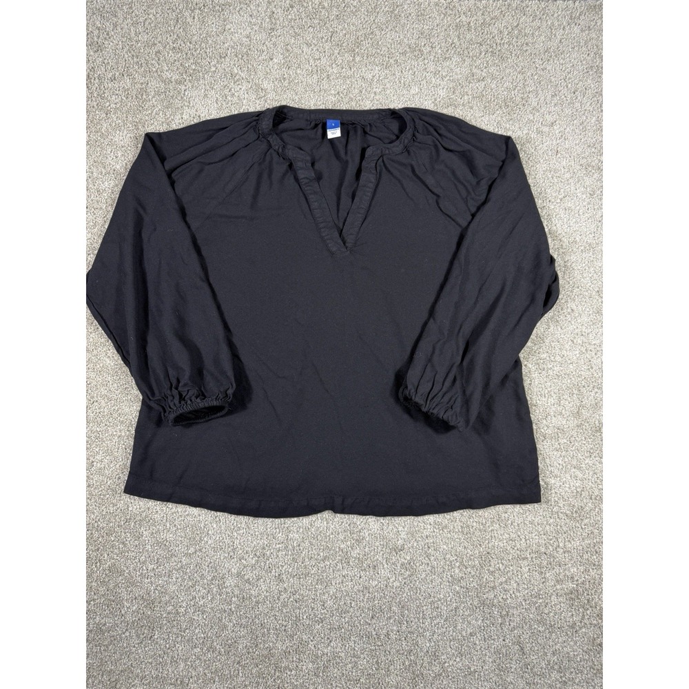 Old Navy Black Split V-Neck Blouse Top Womens Sz S Long Balloon Sleeve Rayon